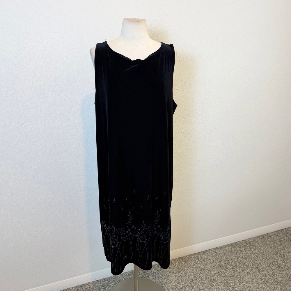Vtg Black Velvet Floral Shimmer Sleeveless Dress Womens Sz XL Whimsygoth 90's